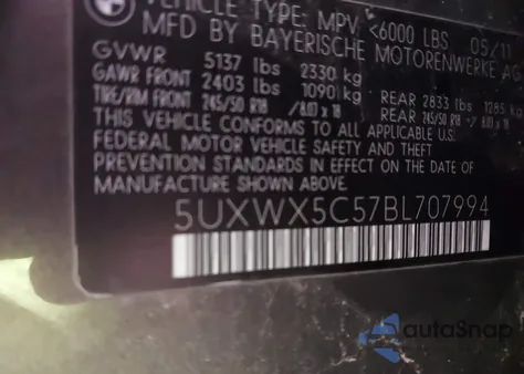 2011 BMW X3 xDrive28I из США, поврежденный, VIN 5UXWX5C57BL707994